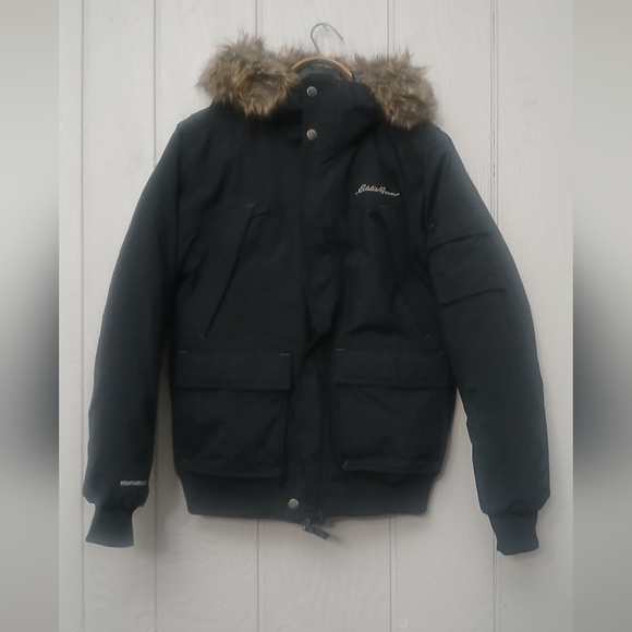 Eddie Bauer Black Puffer Jacket Goose Down Fur Hood Weatheredge Size Small - Picture 1 of 6